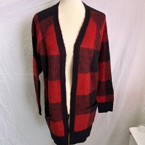 NWT Lucky Brand Red and Black Buffalo Check Open Cardigan